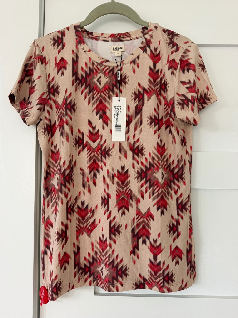 L'AGENCE Cream Short Sleeve Tee with Red Aztec Print